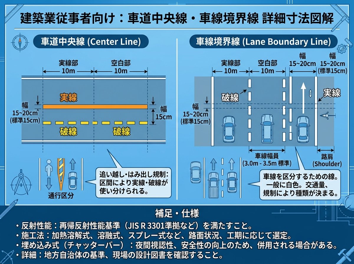 車道中央線と車線境界線の詳細寸法
