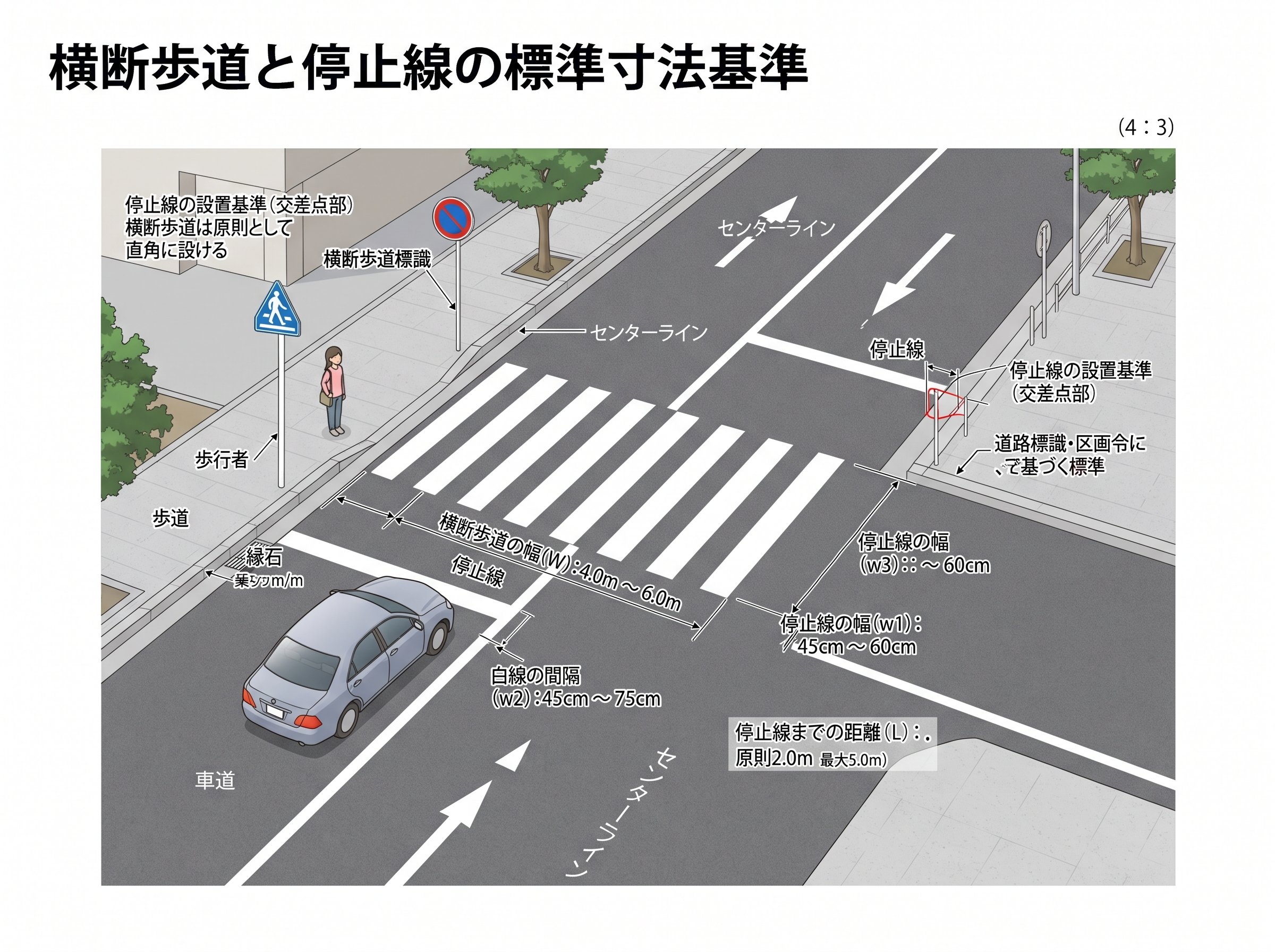横断歩道と停止線の標準寸法基準