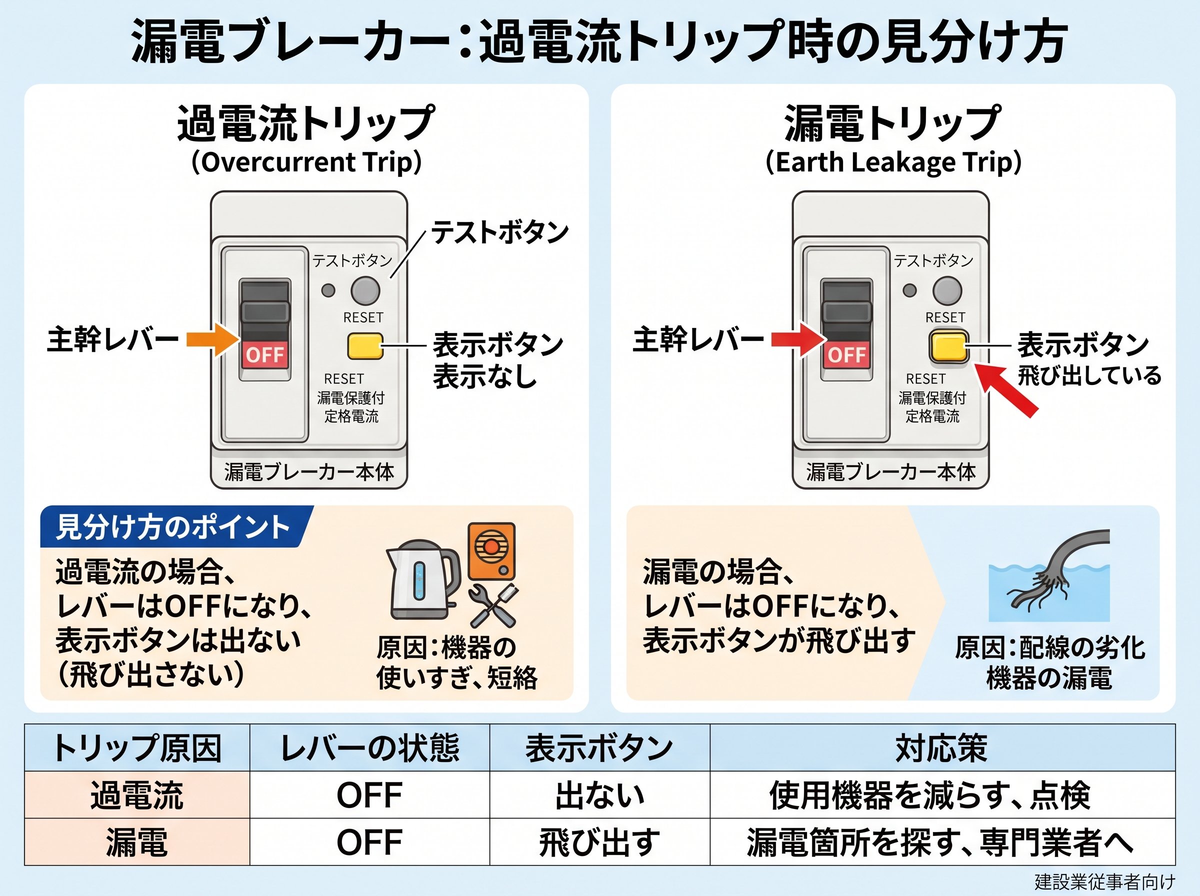 漏電ブレーカーの過電流トリップ時の見分け方