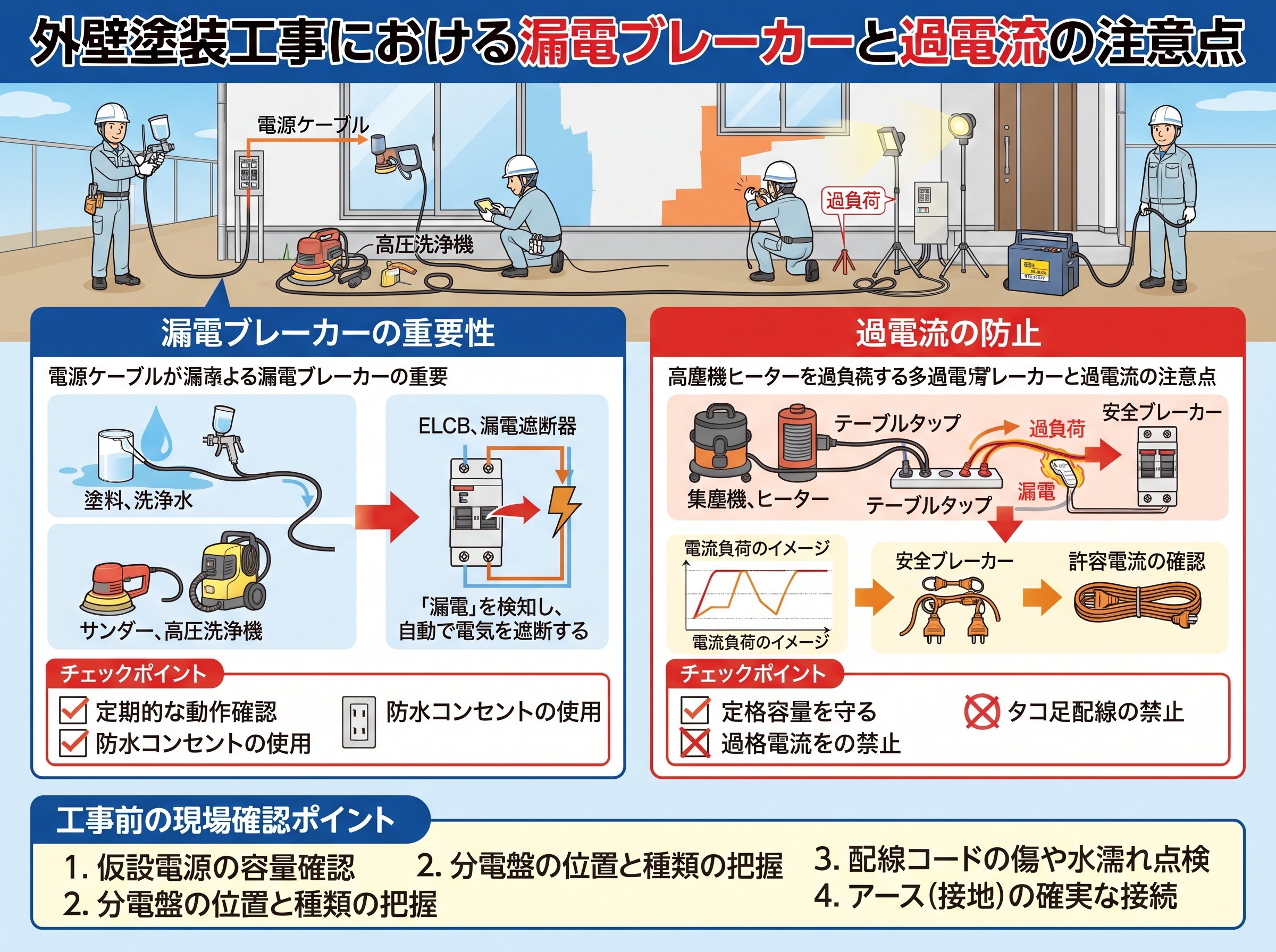 外壁塗装工事における漏電ブレーカーと過電流の注意点