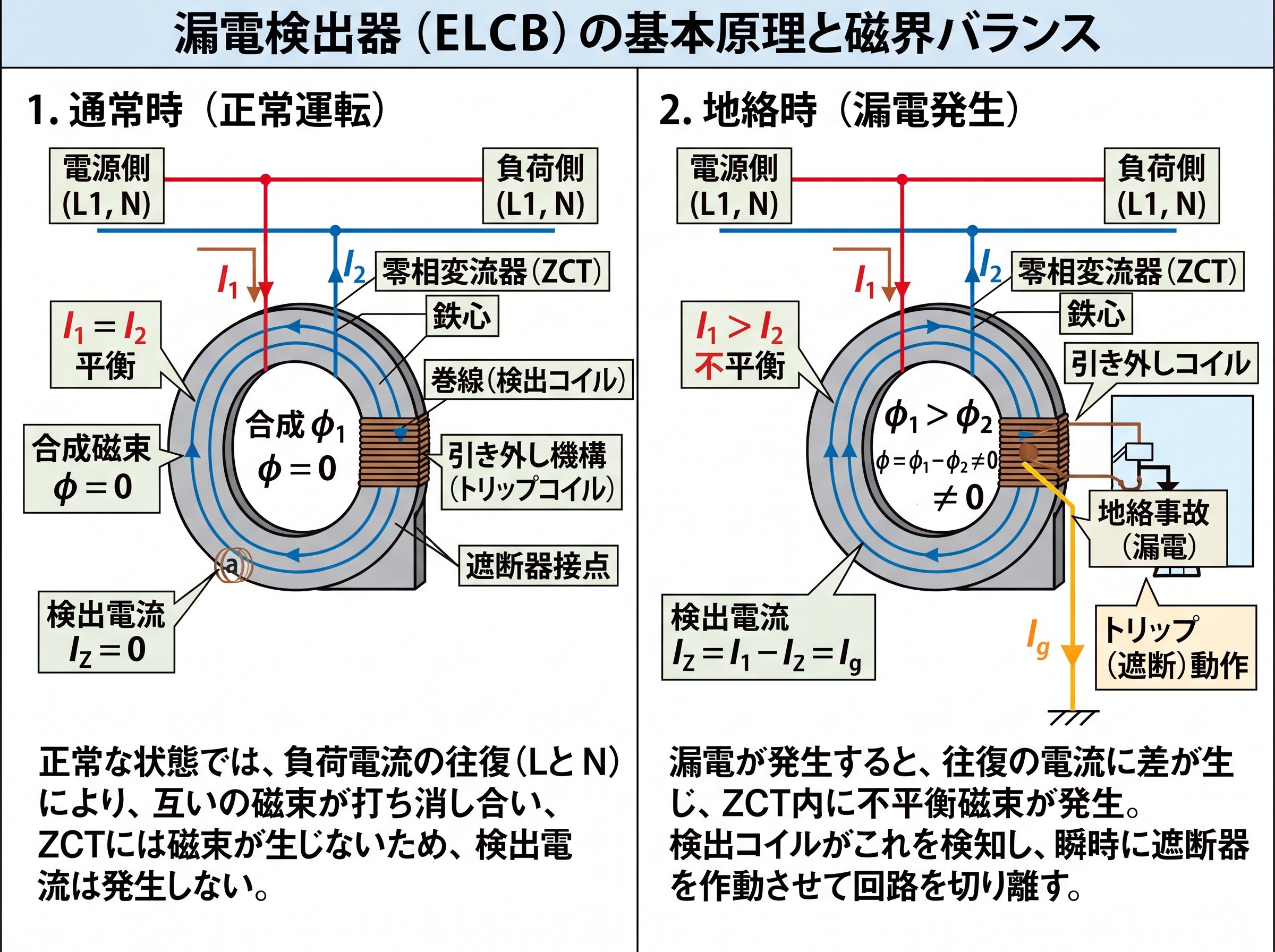 漏電検出器の基本原理と磁界バランス