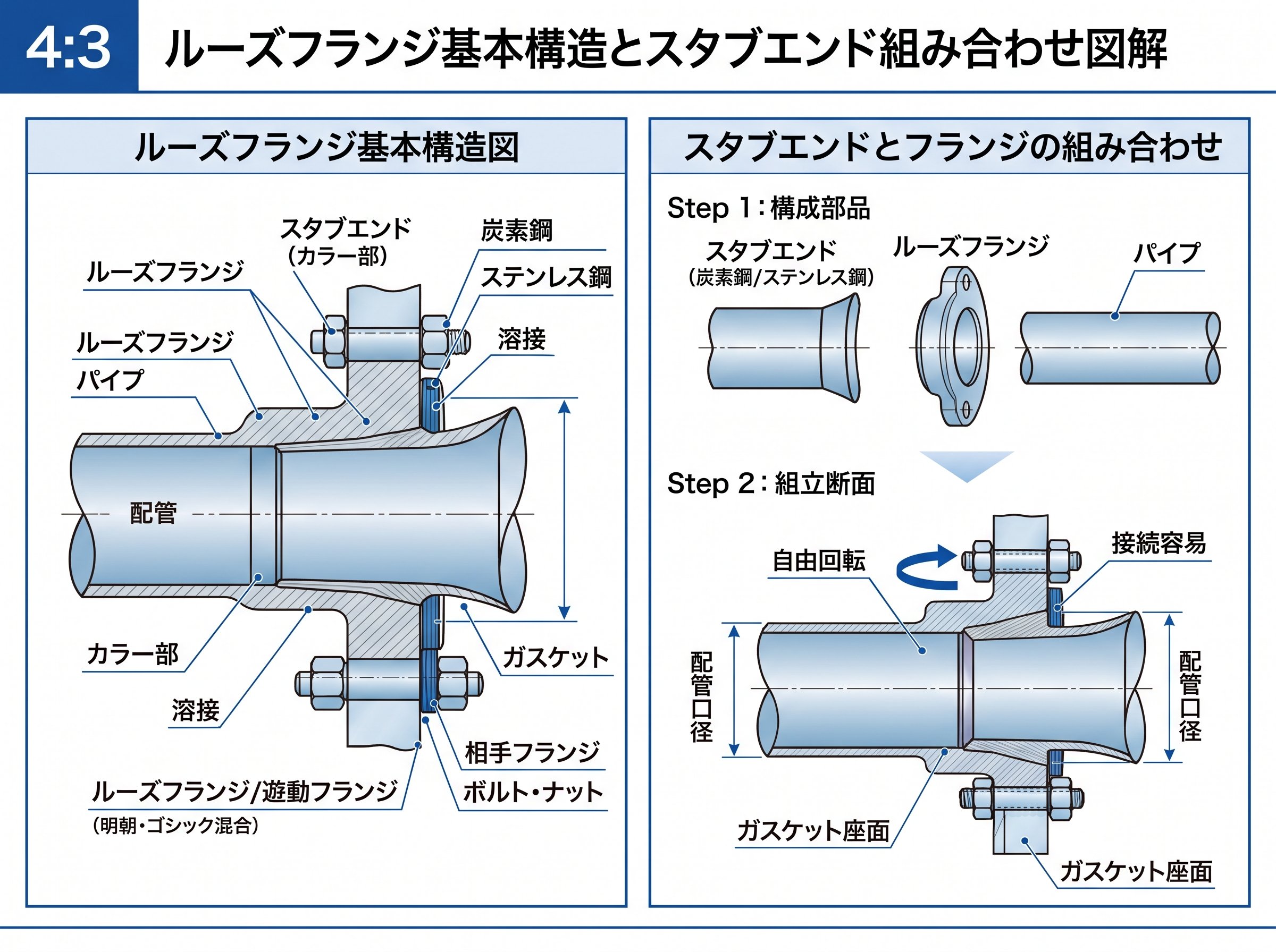 ルーズフランジ基本構造とスタブエンド組み合わせ