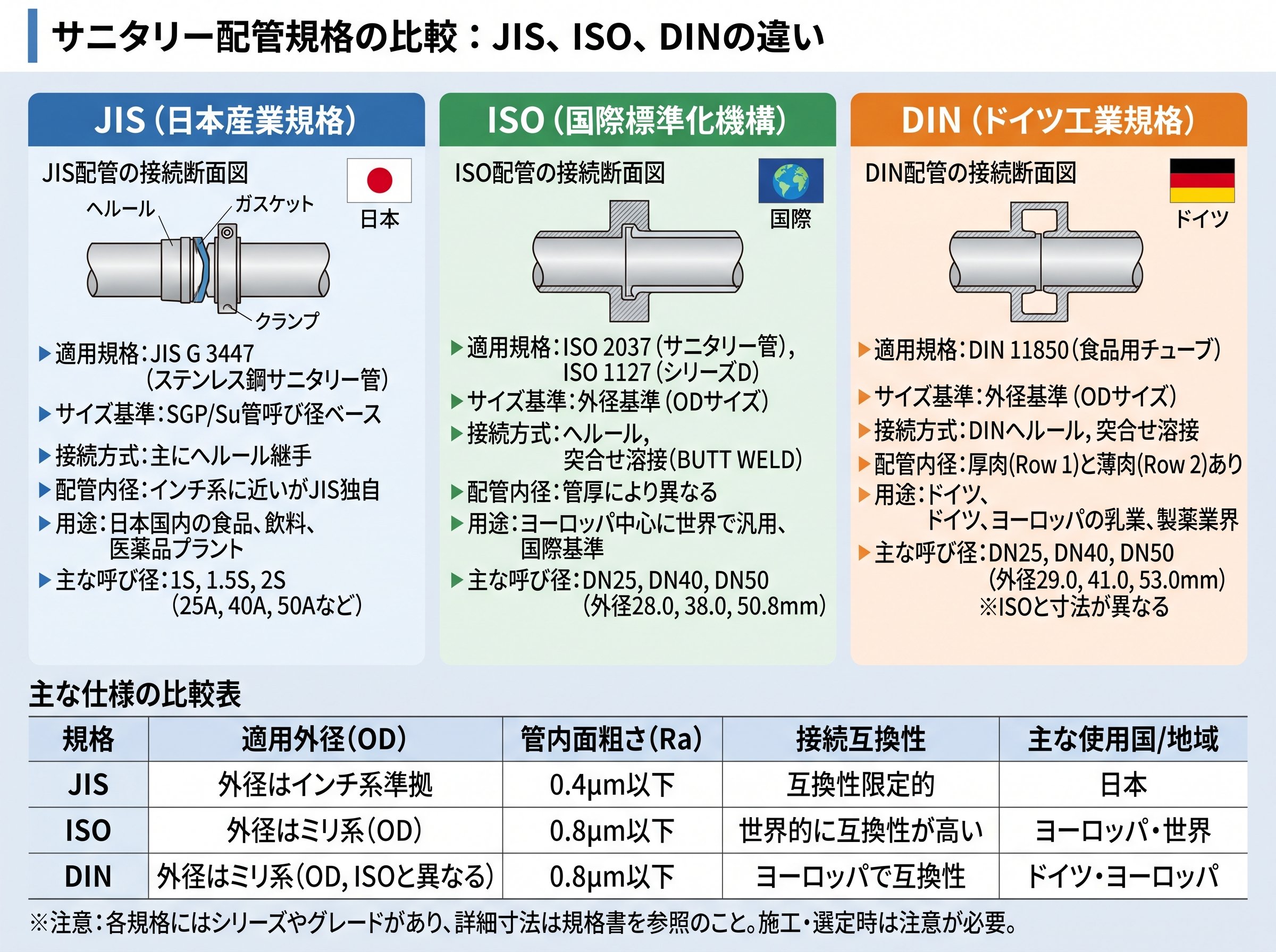サニタリー配管規格とJISとISOとDINの違い