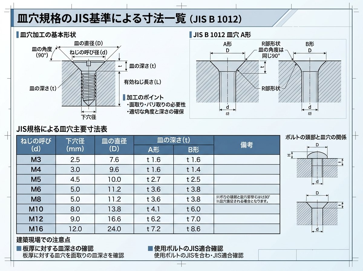 皿穴規格のJIS基準による寸法一覧