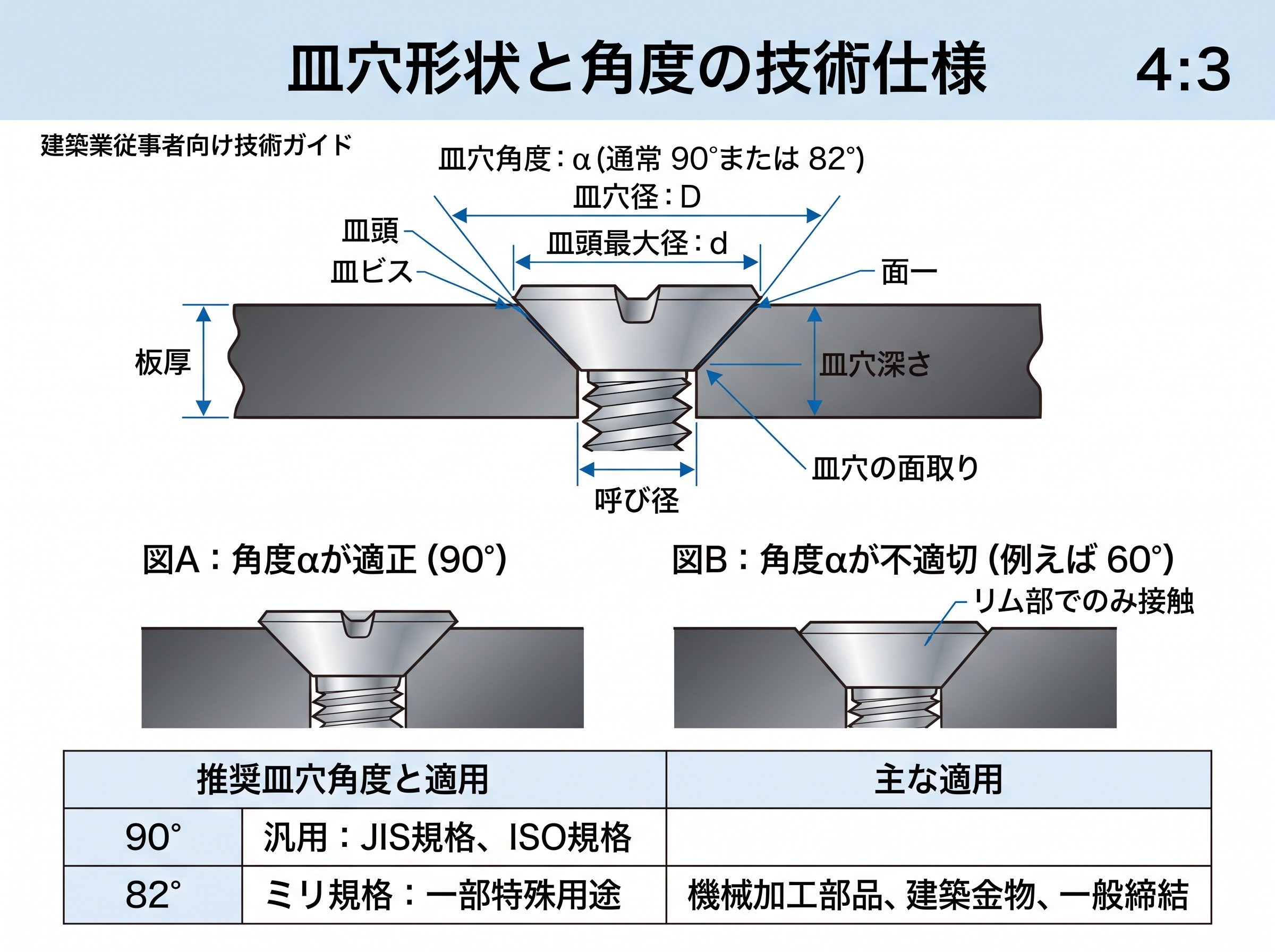 皿穴形状と角度の技術仕様
