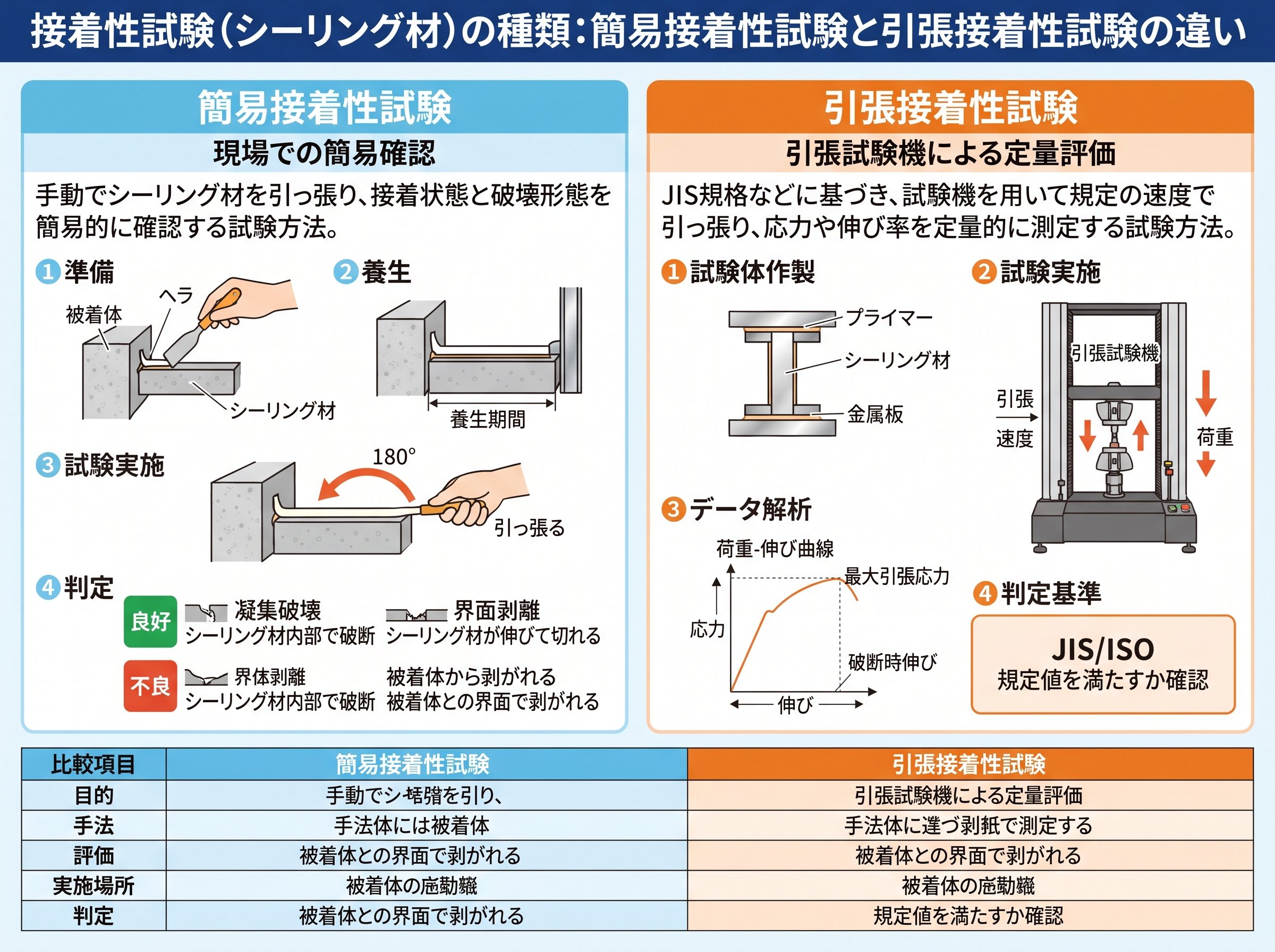 接着性試験（シーリング材）の種類：簡易接着性試験と引張接着性試験の違い
