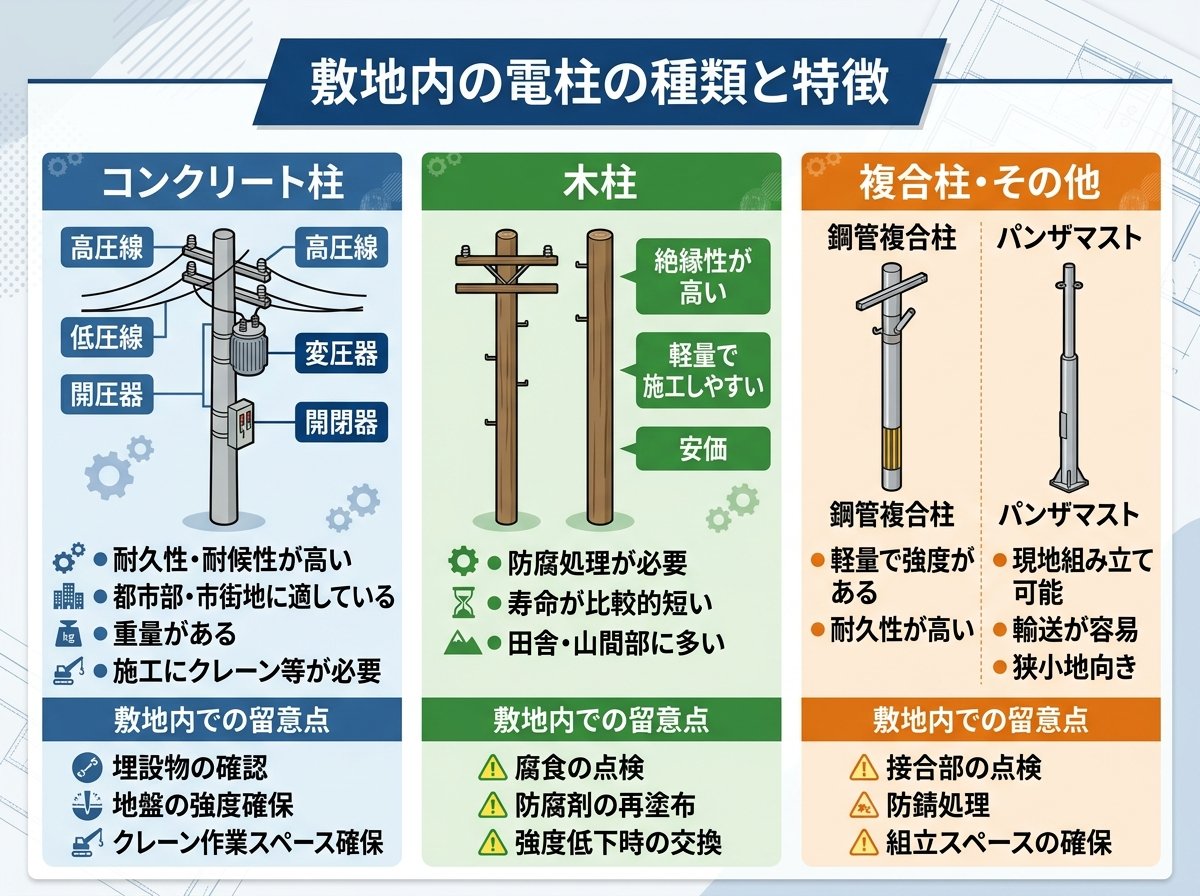 敷地内の電柱の種類と特徴