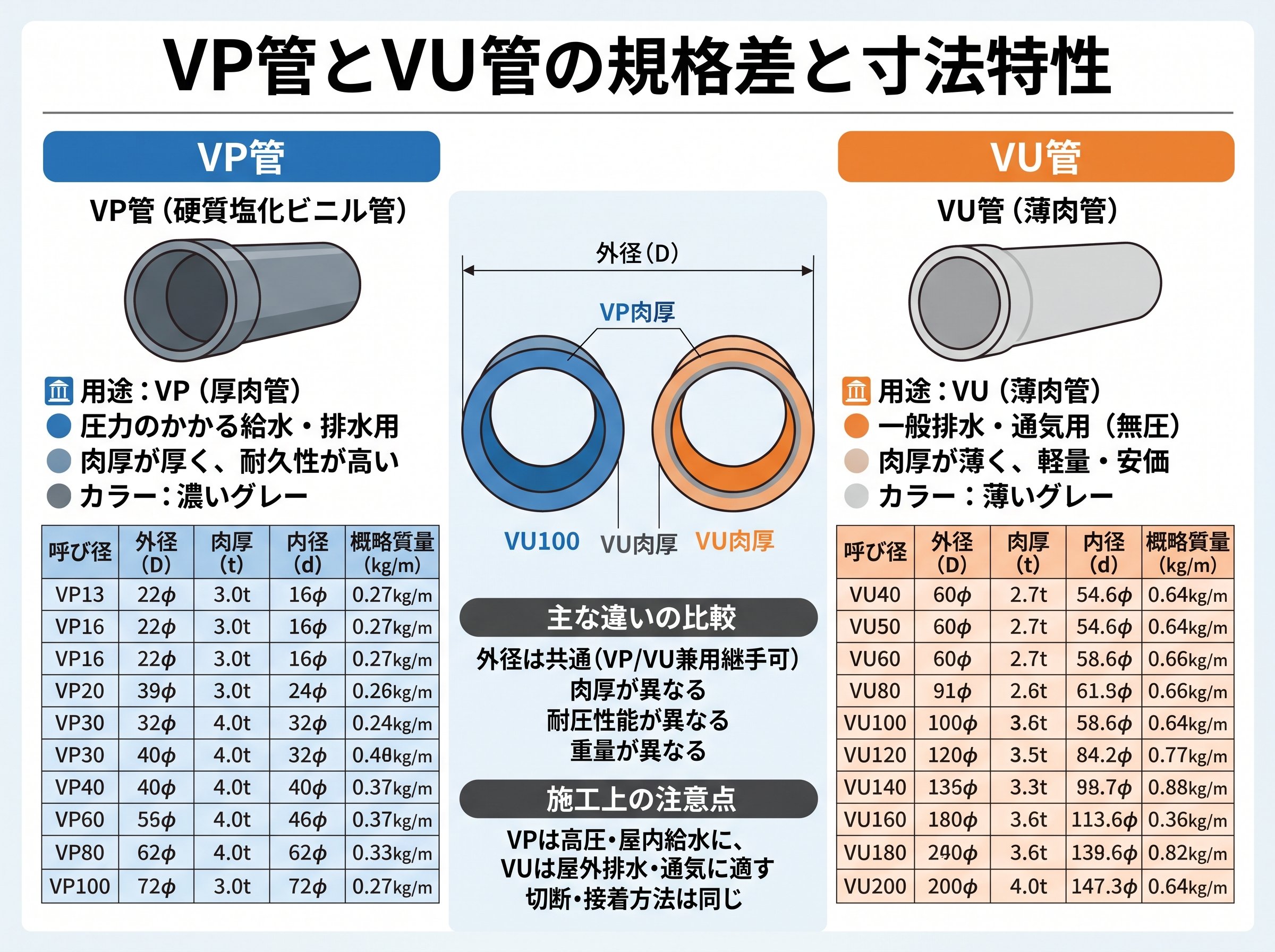 VP管とVU管の規格差と寸法特性
