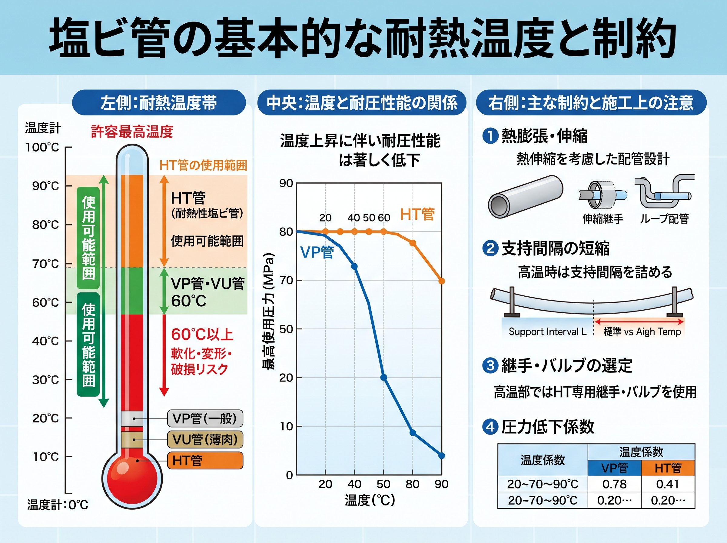 塩ビ管の基本的な耐熱温度と制約