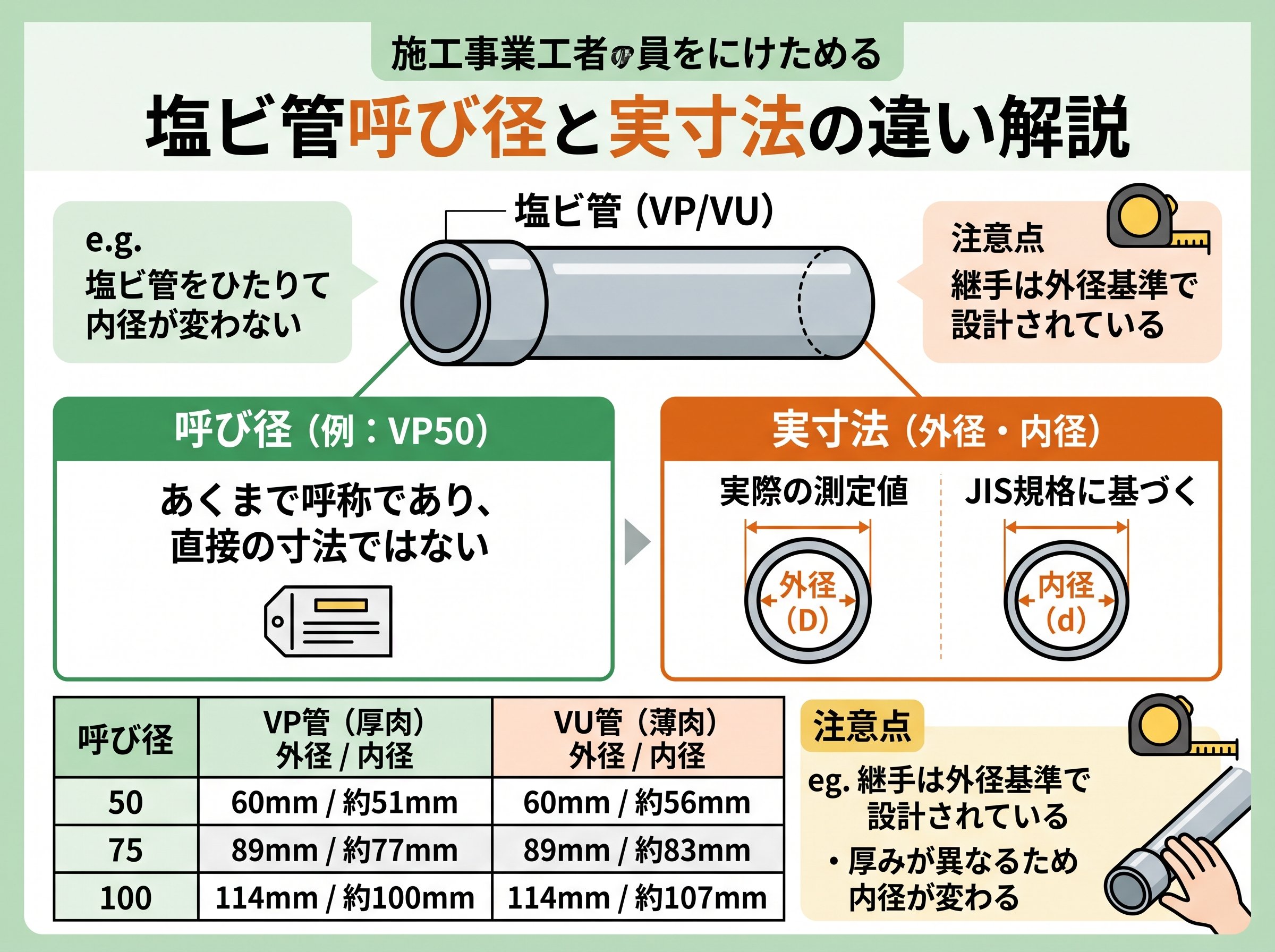 塩ビ管呼び径と実寸法の違い解説