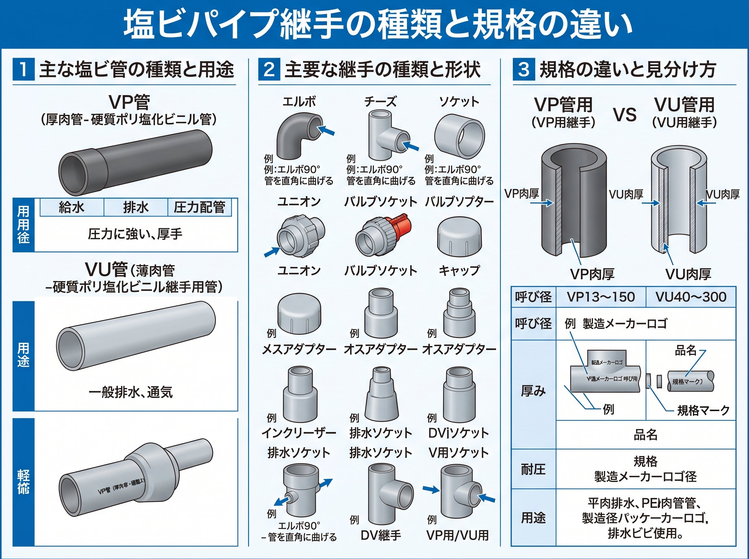 塩ビパイプ継手の種類と規格の違い