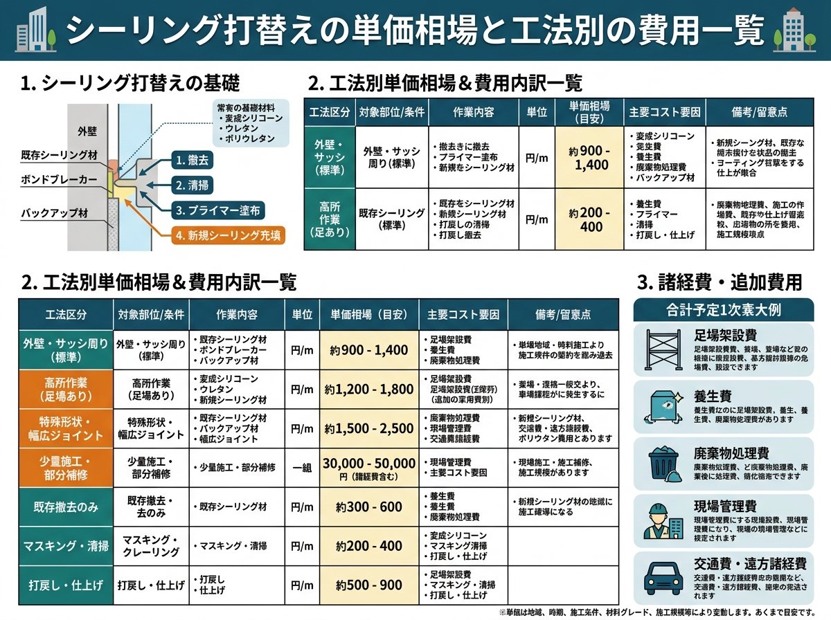 シーリング打替えの単価相場と工法別の費用一覧
