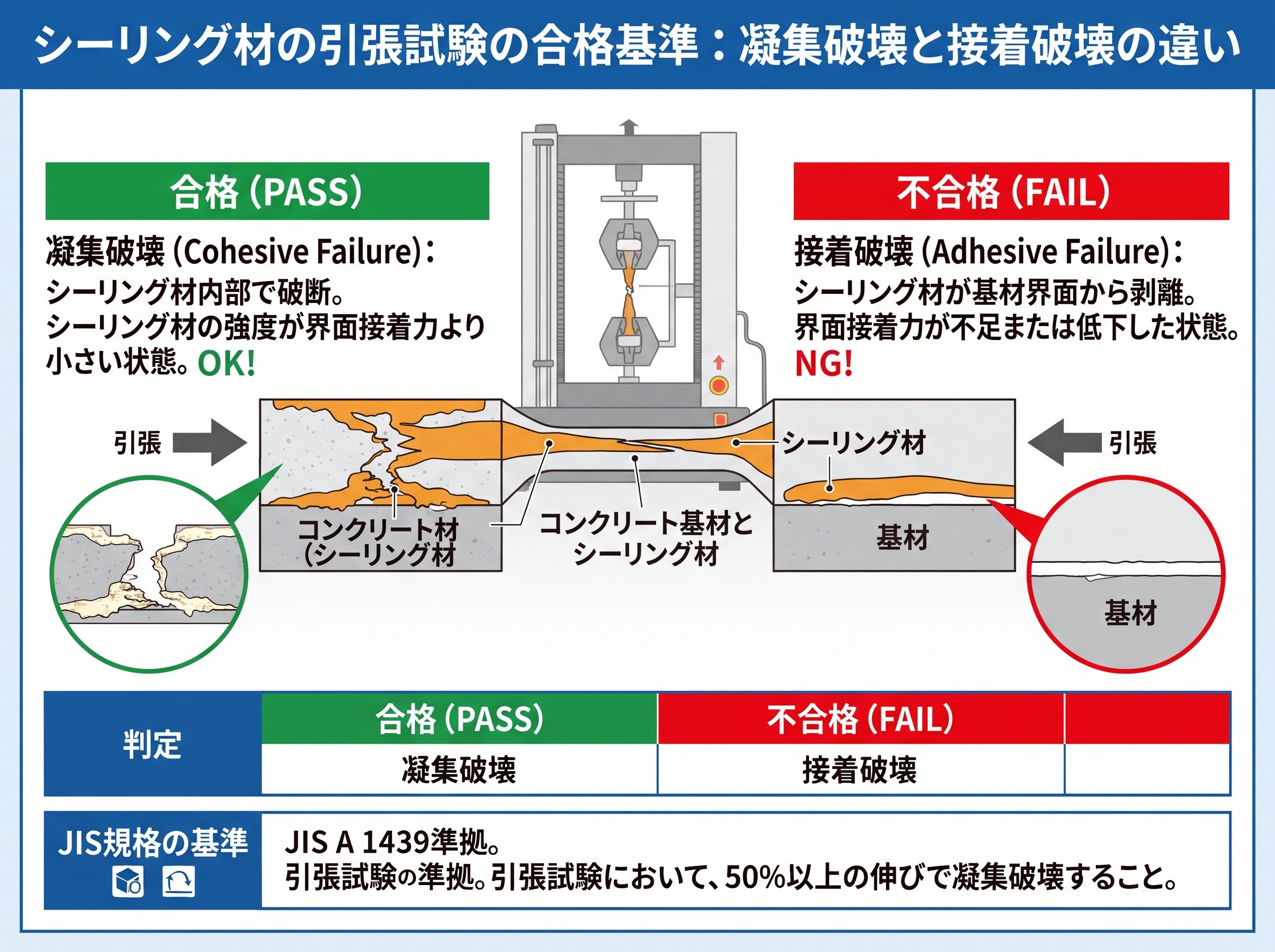 シーリング材の引張試験の合格基準：凝集破壊と接着破壊の違い