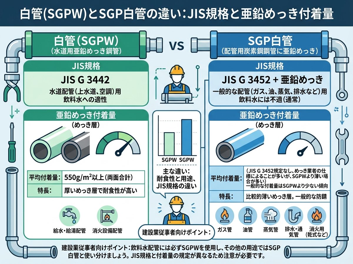 白管（SGPW）とSGP白管の違い：JIS規格と亜鉛めっき付着量