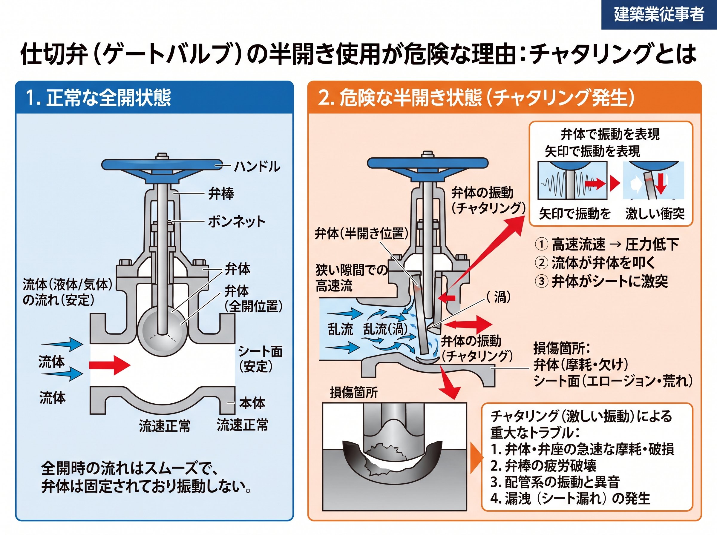 仕切弁（ゲートバルブ）の半開き使用が危険な理由：チャタリングとは