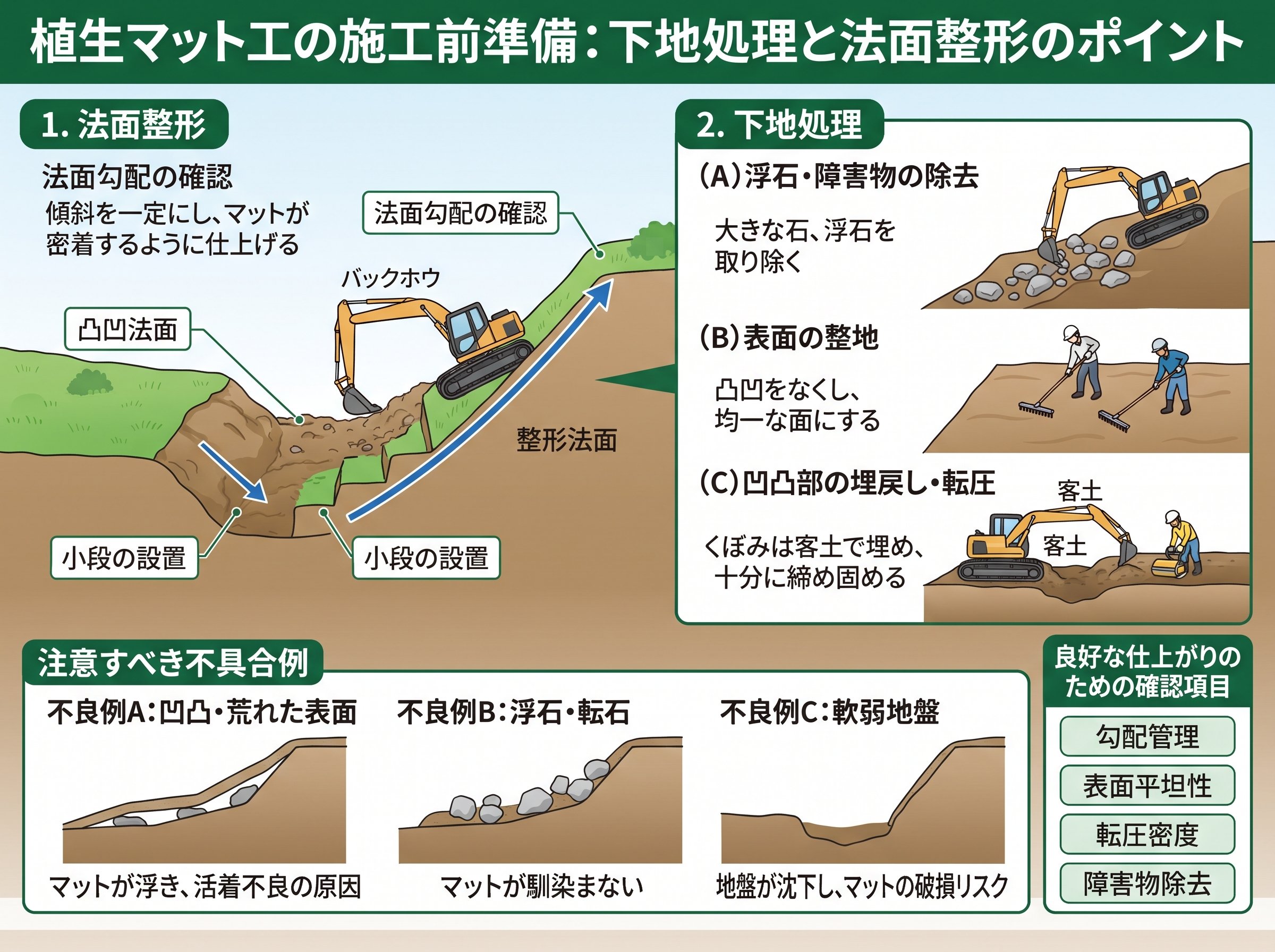 植生マット工の施工前準備:下地処理と法面整形のポイント