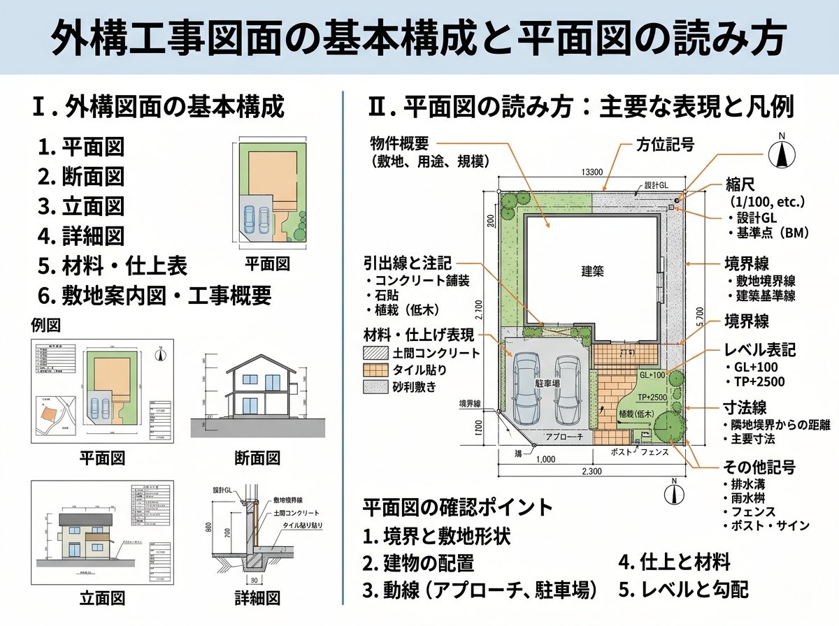 外構工事図面の基本構成と平面図の読み方