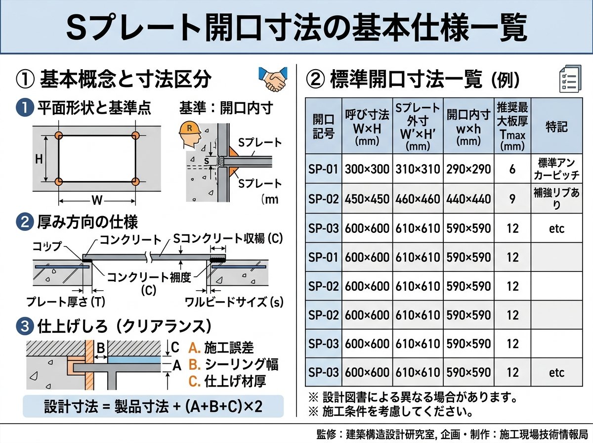 sプレート開口寸法の基本仕様一覧