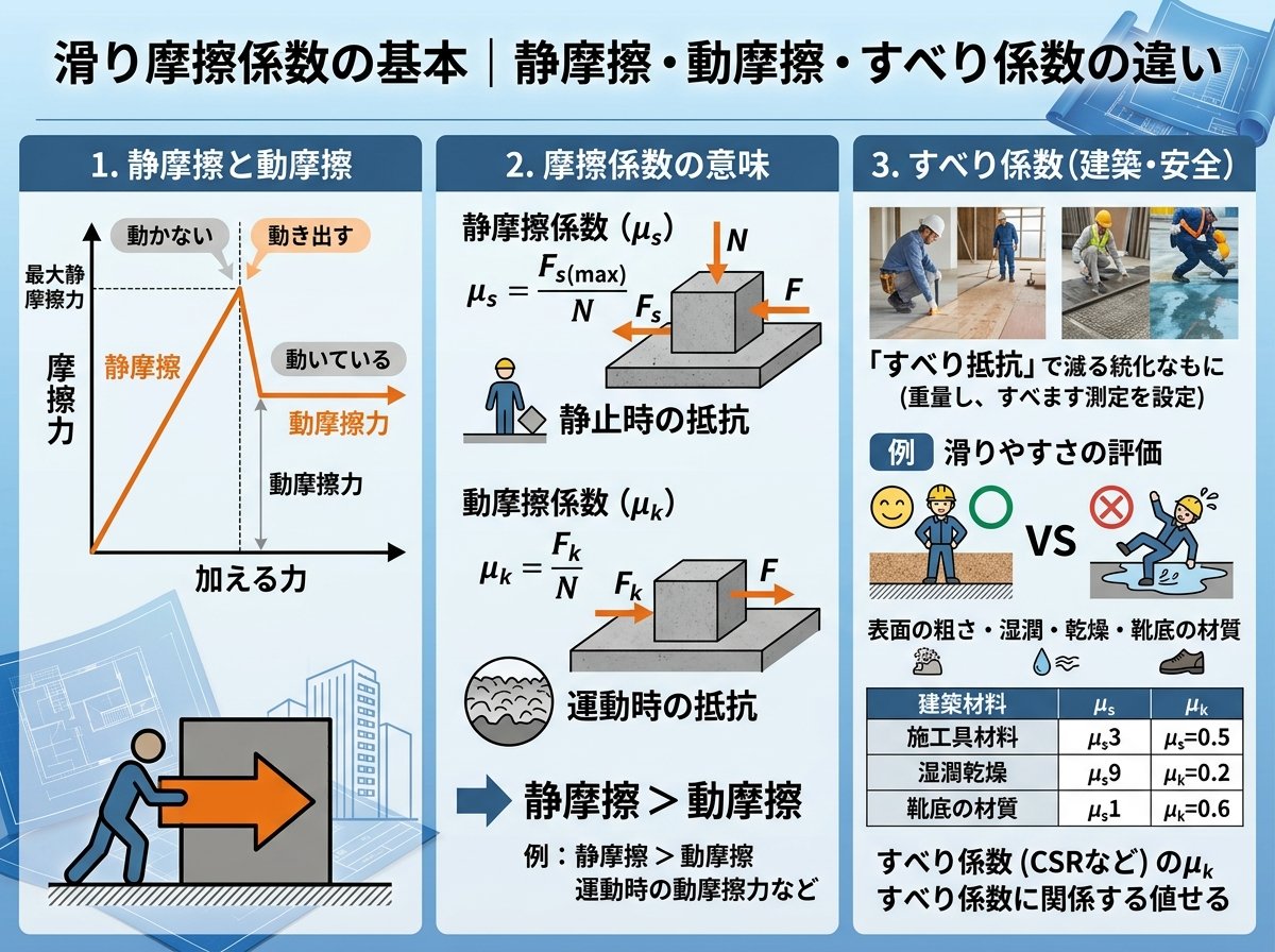 滑り摩擦係数の基本｜静摩擦・動摩擦・すべり係数の違い