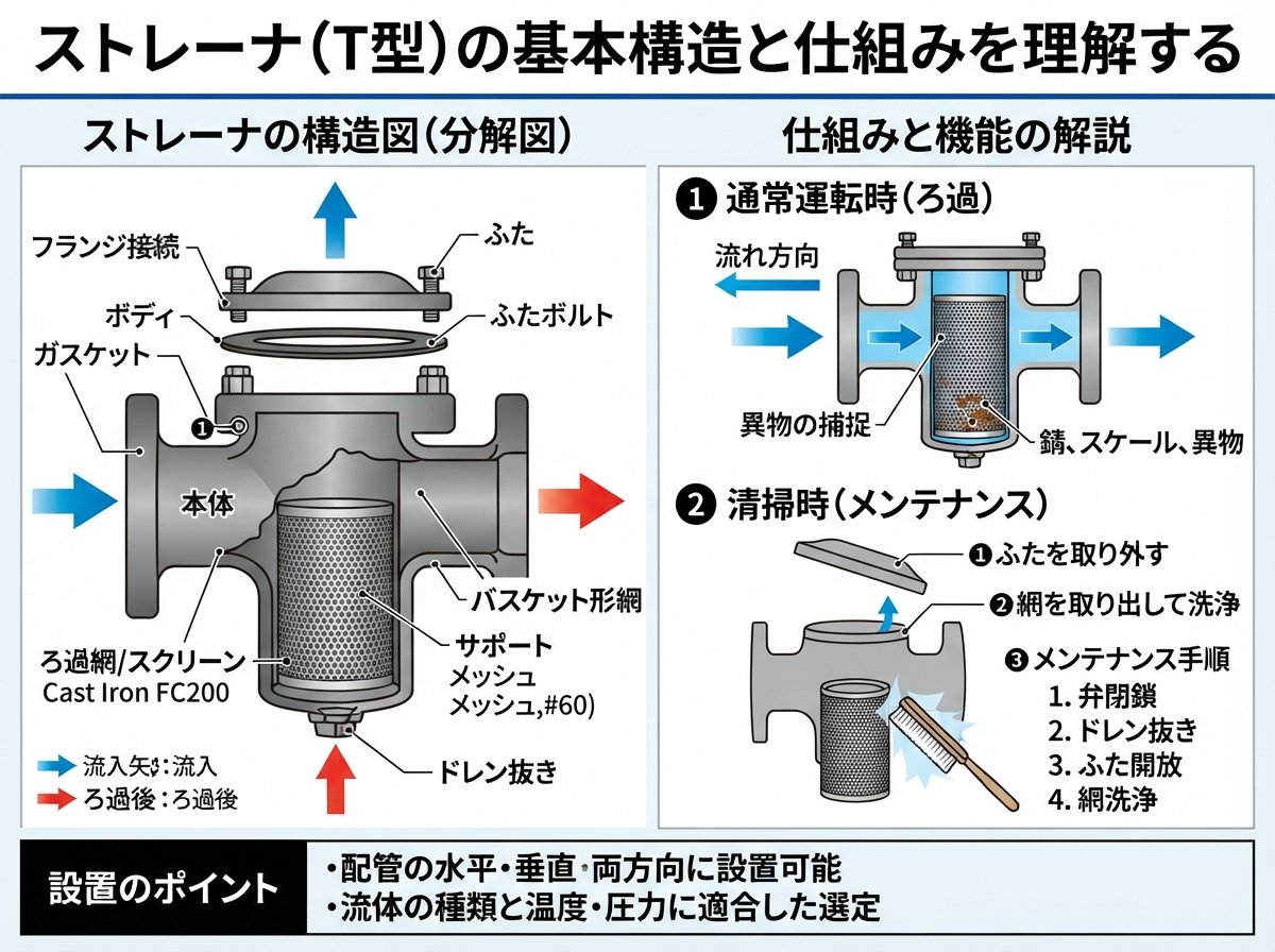 ストレーナ（T型）の基本構造と仕組みを理解する