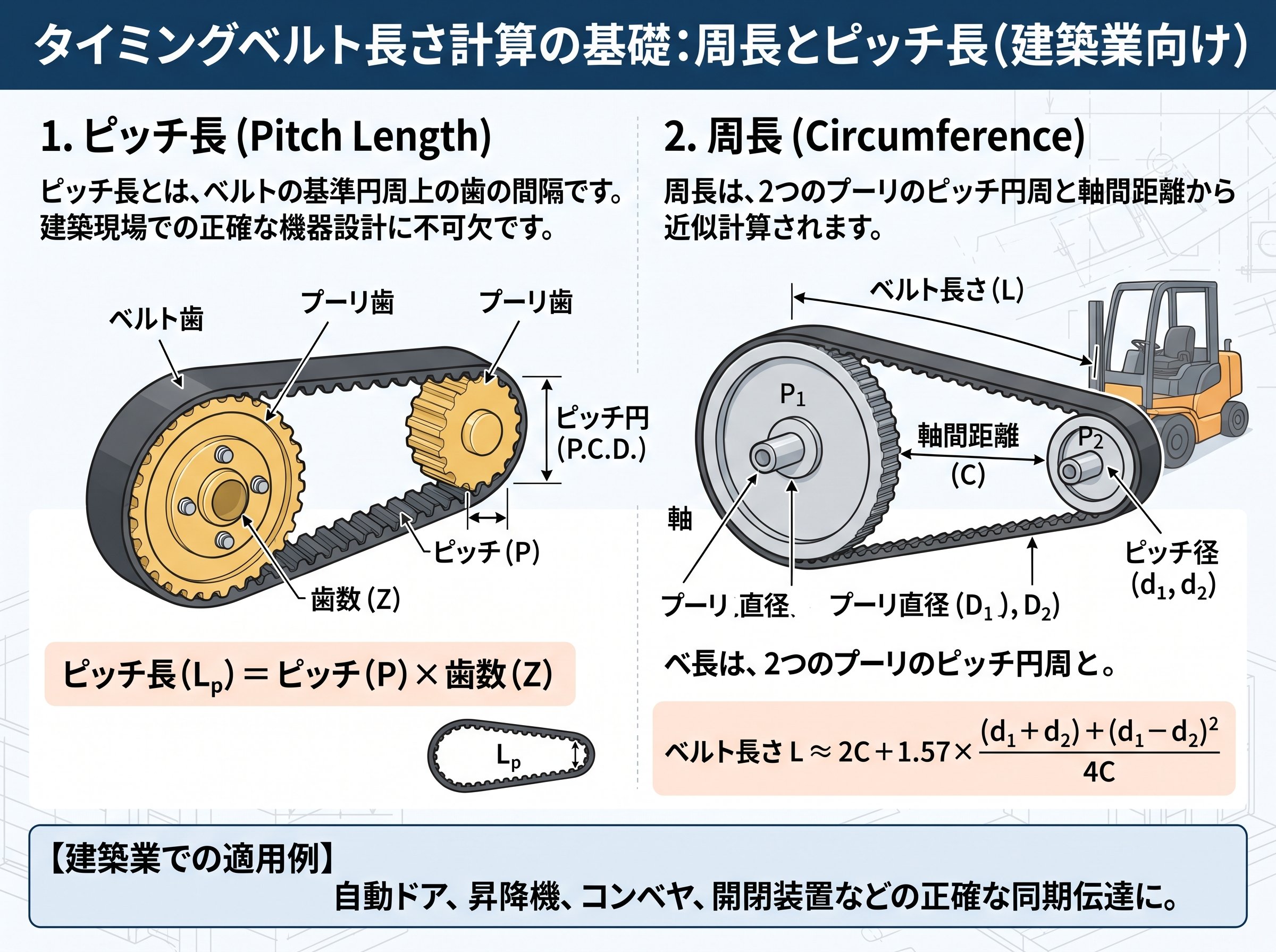 タイミングベルト長さ計算の周長とピッチ長
