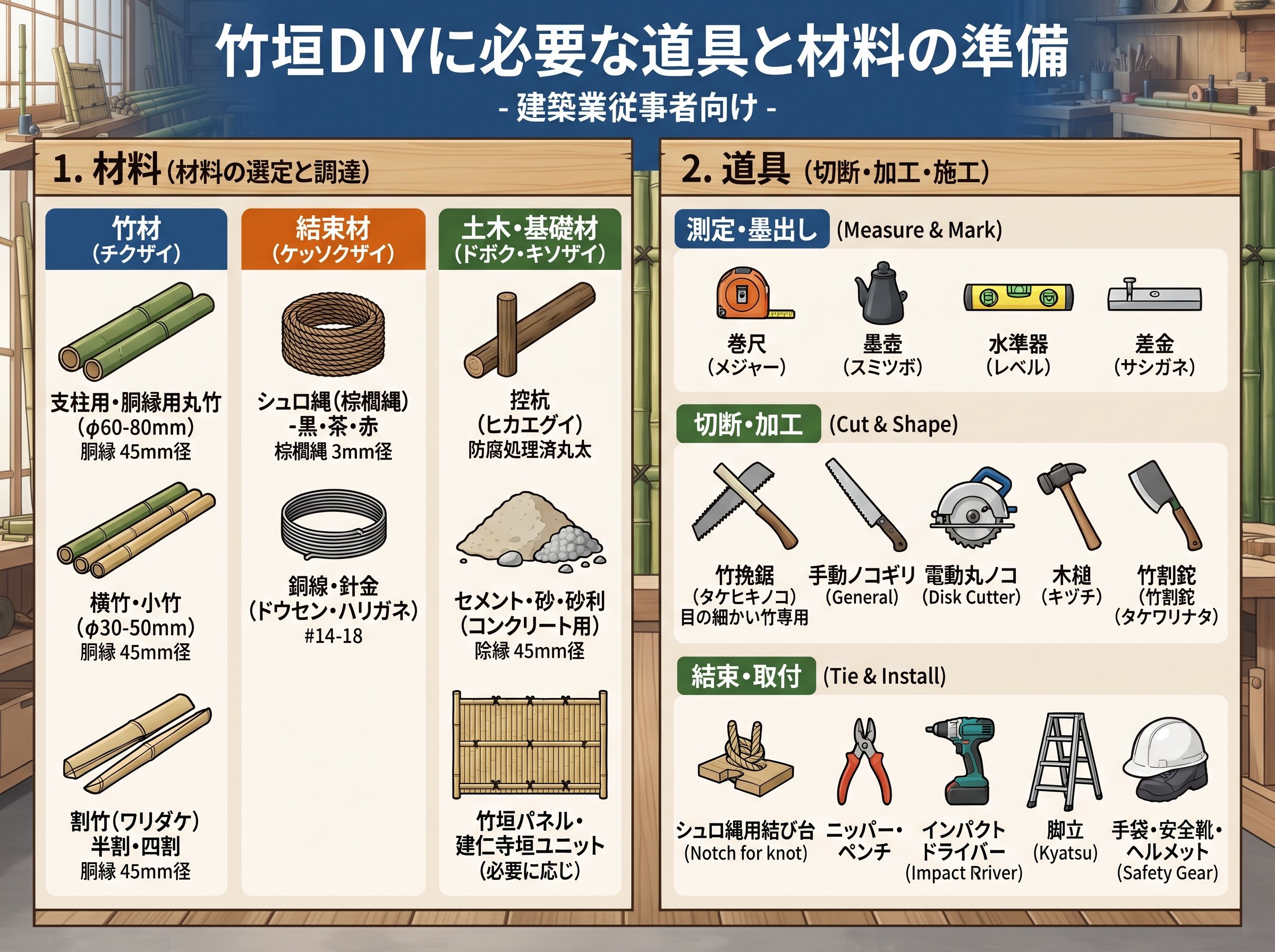 竹垣DIYに必要な道具と材料の準備