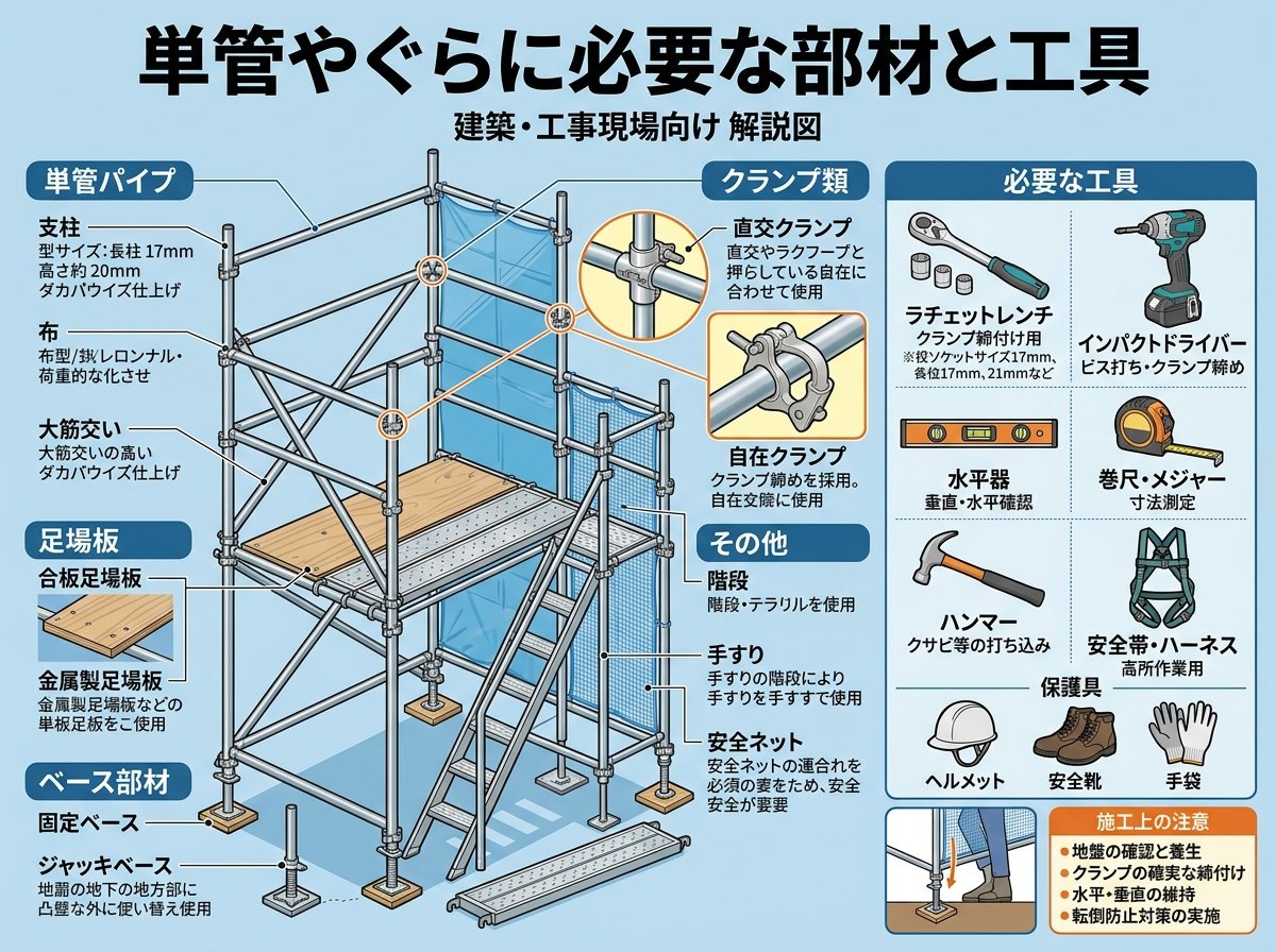 単管やぐらに必要な部材と工具