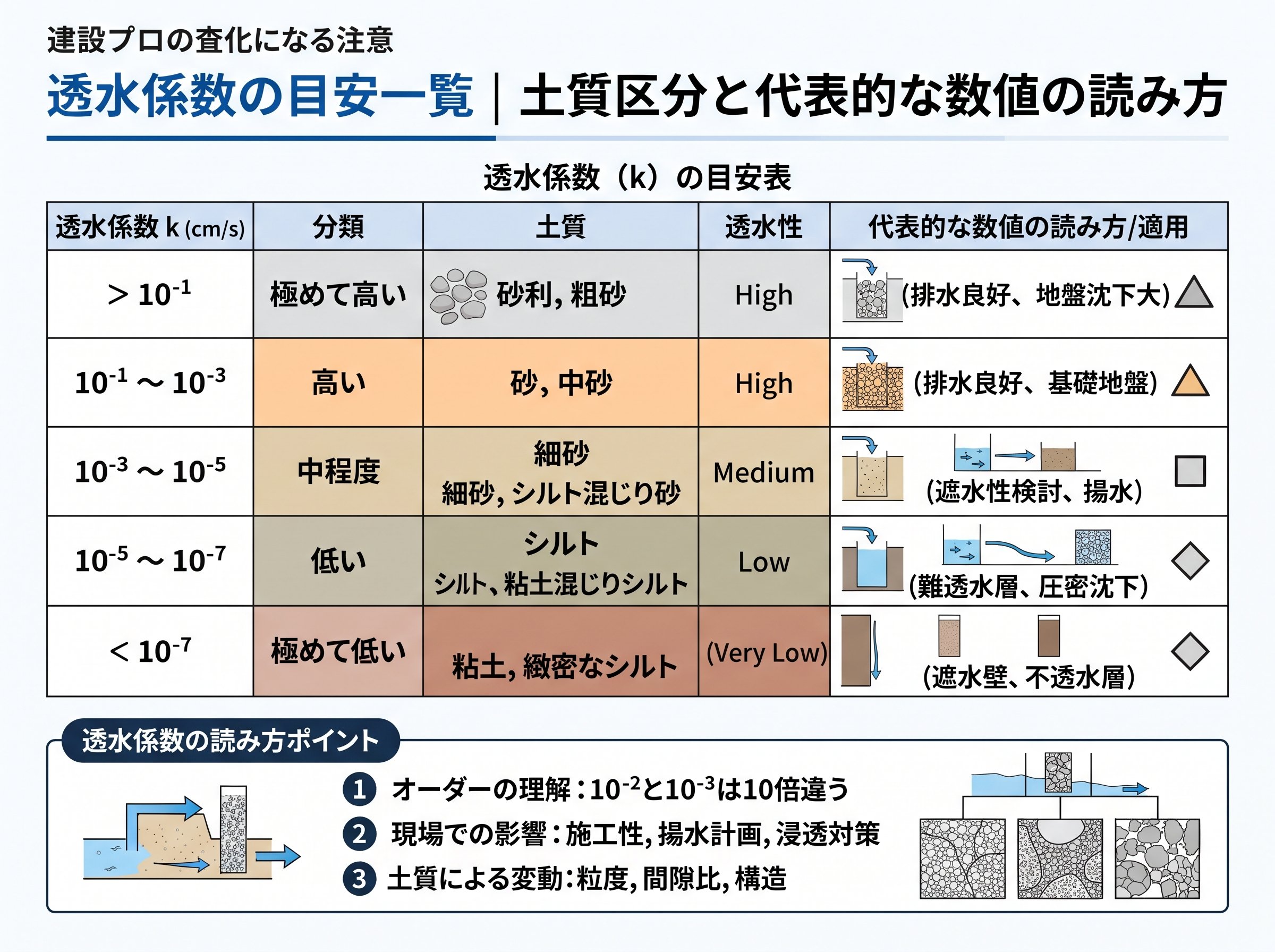 透水係数の目安一覧｜土質区分と代表的な数値の読み方