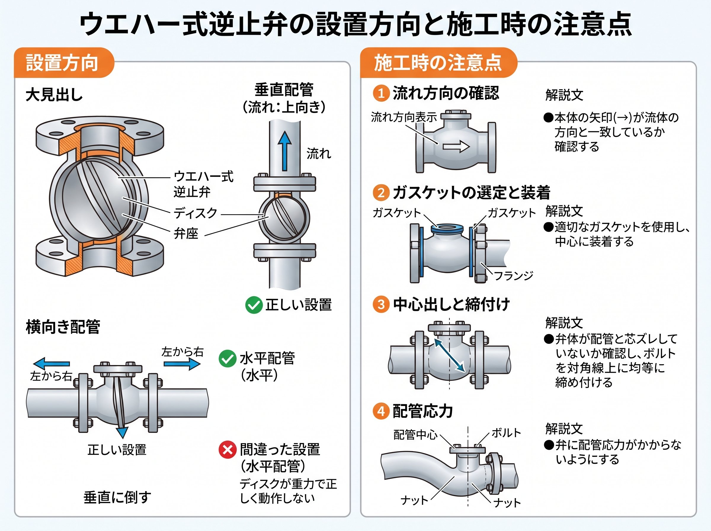 ウエハー式逆止弁の設置方向と施工時の注意点