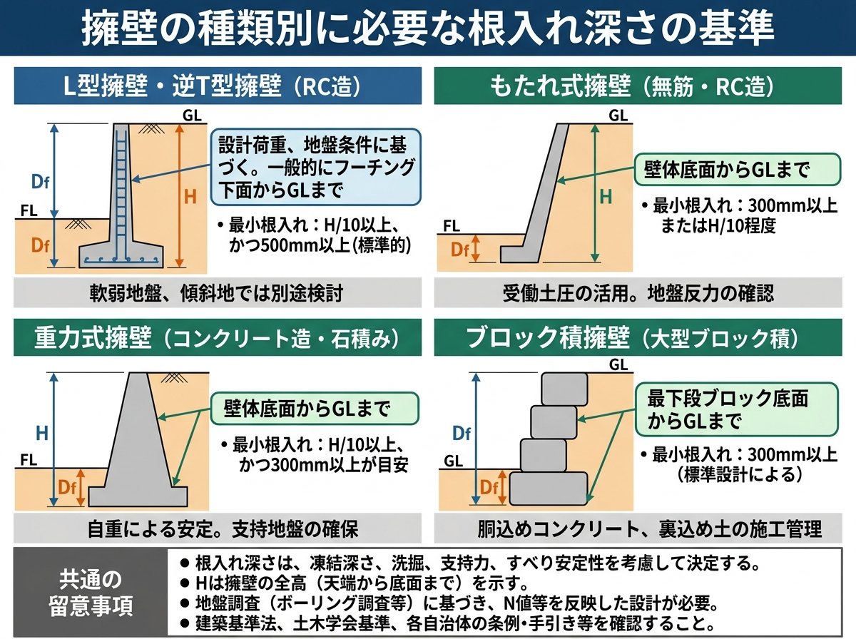 擁壁の種類別に必要な根入れ深さの基準