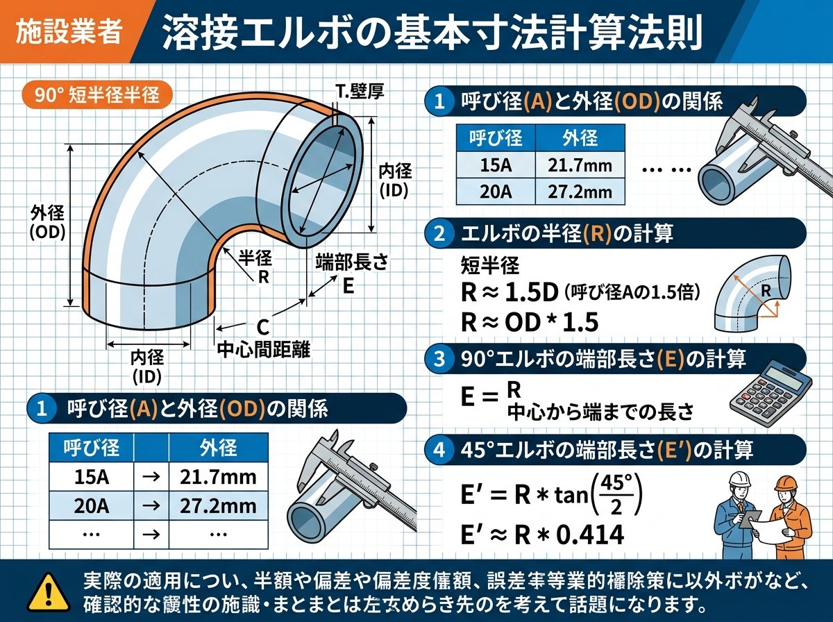 溶接エルボの基本寸法計算法則